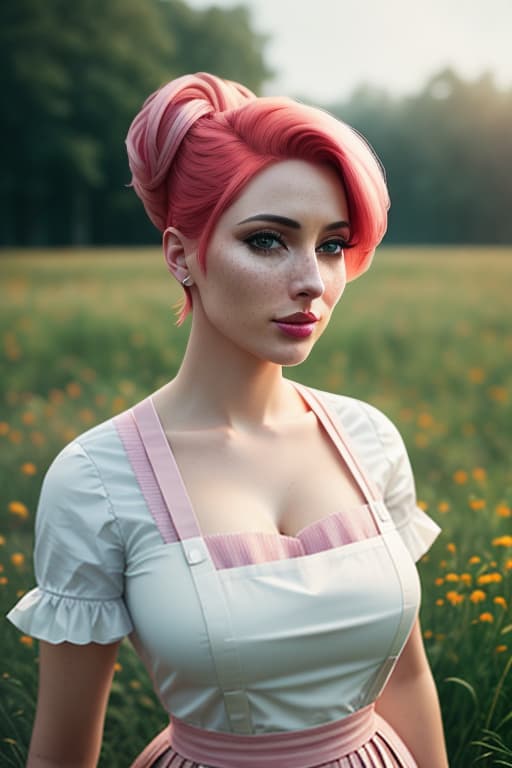  a closeup portrait of a playful maid, undercut hair, apron, amazing body, pronounced feminine feature, very busty, meadow, [ash blonde | ginger | pink hair], freckles, flirting with camera hyperrealistic, full body, detailed clothing, highly detailed, cinematic lighting, stunningly beautiful, intricate, sharp focus, f/1. 8, 85mm, (centered image composition), (professionally color graded), ((bright soft diffused light)), volumetric fog, trending on instagram, trending on tumblr, HDR 4K, 8K