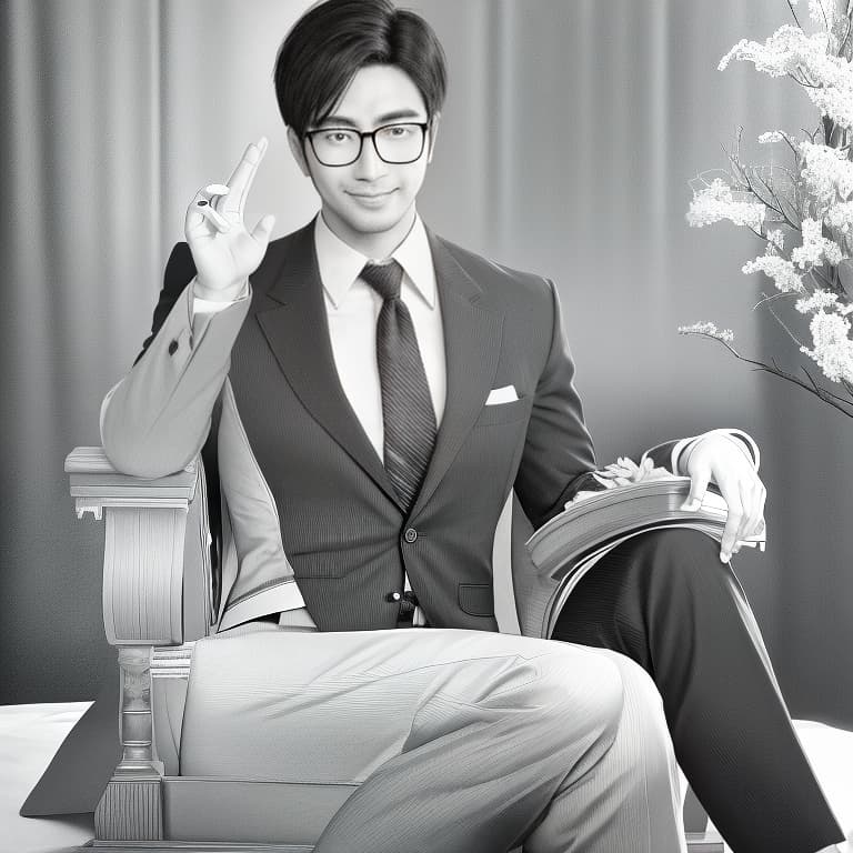  A 30-year-old Asian male wearing a suit and glasses is smiling，sitting. <lora:manga:1> hyperrealistic, full body, detailed clothing, highly detailed, cinematic lighting, stunningly beautiful, intricate, sharp focus, f/1. 8, 85mm, (centered image composition), (professionally color graded), ((bright soft diffused light)), volumetric fog, trending on instagram, trending on tumblr, HDR 4K, 8K