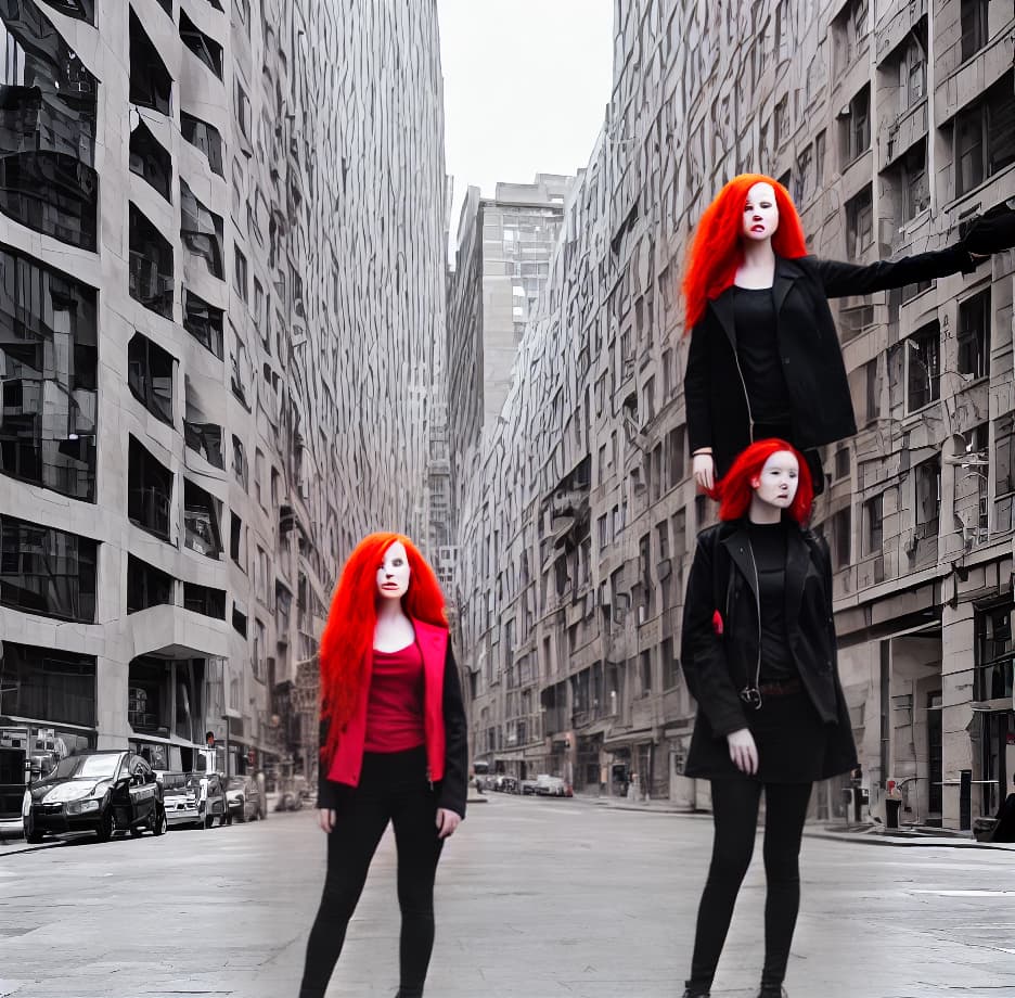  Woman with red hair and a black jacket is standing in a city