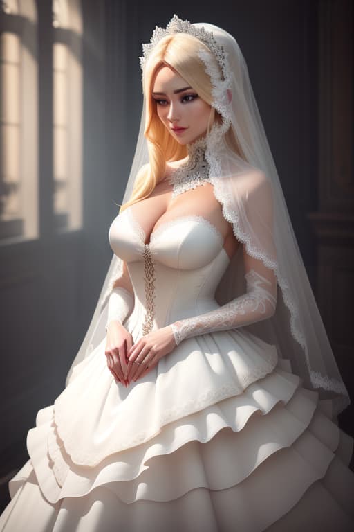  Closeup portrait of a beautiful blonde woman wearing black veil and a sheer white lace dress in soft light hyperrealistic, full body, detailed clothing, highly detailed, cinematic lighting, stunningly beautiful, intricate, sharp focus, f/1. 8, 85mm, (centered image composition), (professionally color graded), ((bright soft diffused light)), volumetric fog, trending on instagram, trending on tumblr, HDR 4K, 8K