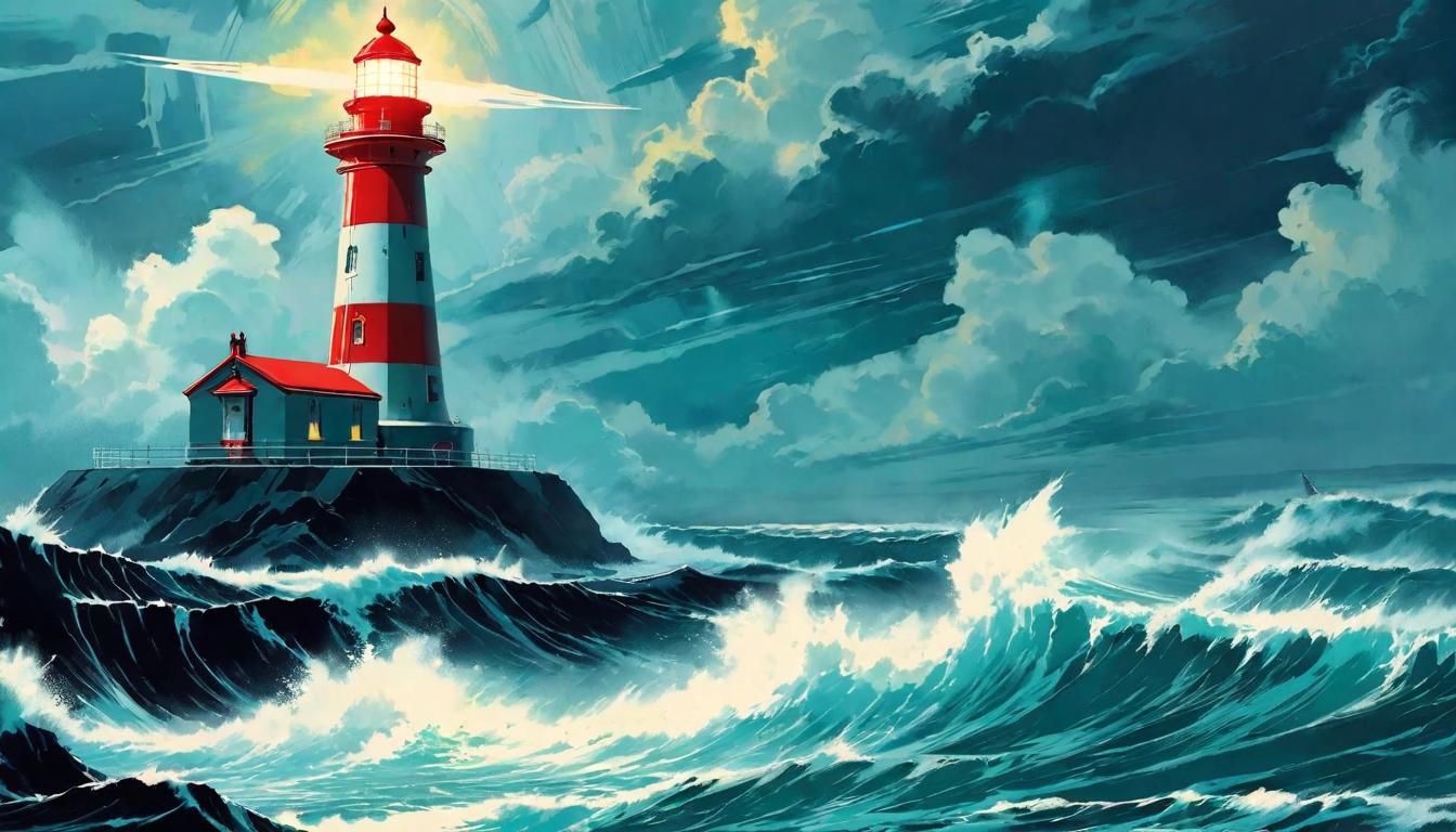  retro futuristic A lighthouse standing resolute above a storm wracked sea, Beacon of hope, fierce waves, Commanding respect through steadfastness, beacon for the lost. lvintage sci fi, 50s and 60s style, atomic age, vibrant, highly detailed