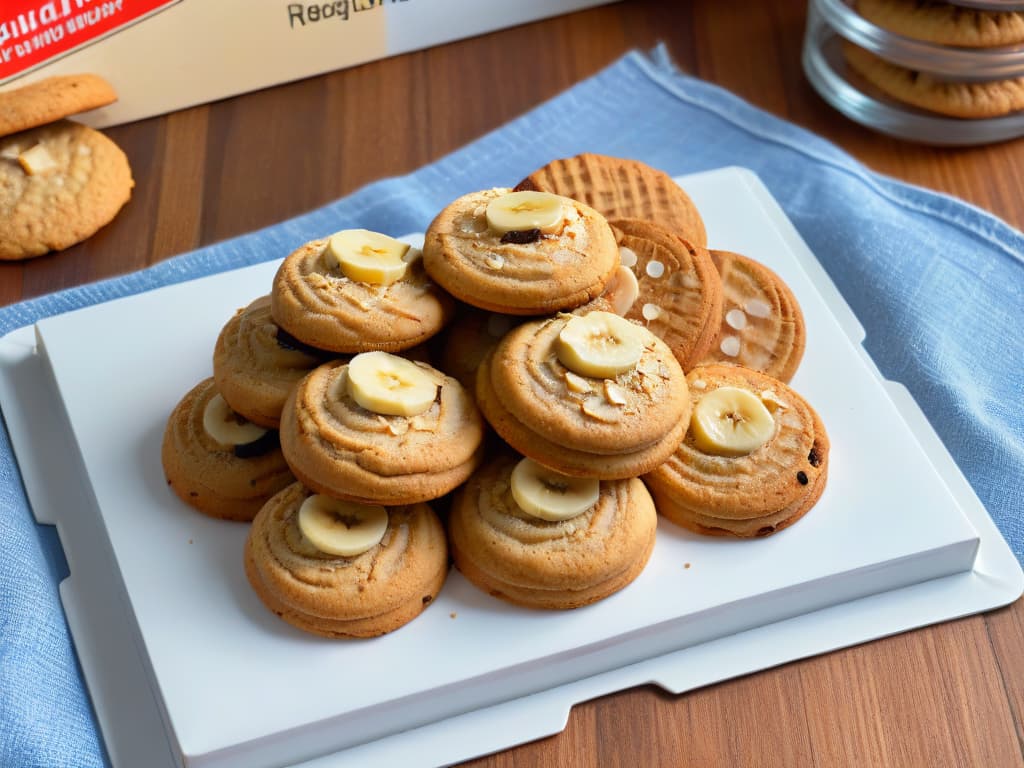  A closeup, ultradetailed image of freshly baked oatmeal and banana cookies arranged on a sleek, modern white plate. The cookies are goldenbrown with a sprinkle of oats on top, emitting a warm, inviting aroma. Each cookie is perfectly round, showcasing a slightly crisp exterior and a soft, chewy interior filled with chunks of ripe banana. The plate sits on a marble countertop, adding a touch of sophistication to the scene. The lighting is soft yet highlights the texture and color of the cookies, making them appear irresistibly delicious and wholesome. hyperrealistic, full body, detailed clothing, highly detailed, cinematic lighting, stunningly beautiful, intricate, sharp focus, f/1. 8, 85mm, (centered image composition), (professionally color graded), ((bright soft diffused light)), volumetric fog, trending on instagram, trending on tumblr, HDR 4K, 8K