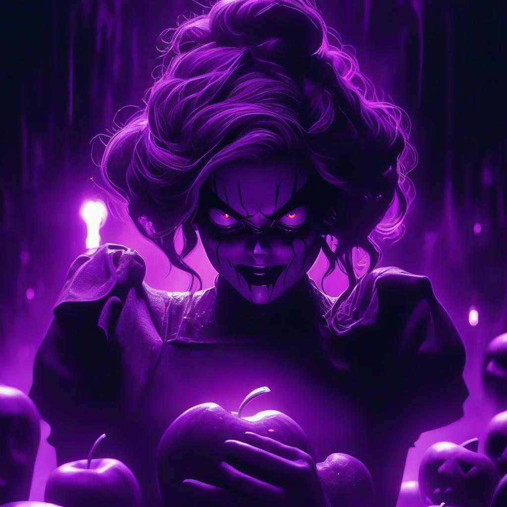  cinematic photo Horror themed purple theme,monochrome,glowing,traditional media,1girl,solo,looking at viewer,shirt,holding,food,fruit,apple,<lora:phonk:1>, . Eerie, unsettling, dark, spooky, suspenseful, grim, highly detailed . 35mm photograph, film, bokeh, professional, 4k, highly detailed hyperrealistic, full body, detailed clothing, highly detailed, cinematic lighting, stunningly beautiful, intricate, sharp focus, f/1. 8, 85mm, (centered image composition), (professionally color graded), ((bright soft diffused light)), volumetric fog, trending on instagram, trending on tumblr, HDR 4K, 8K