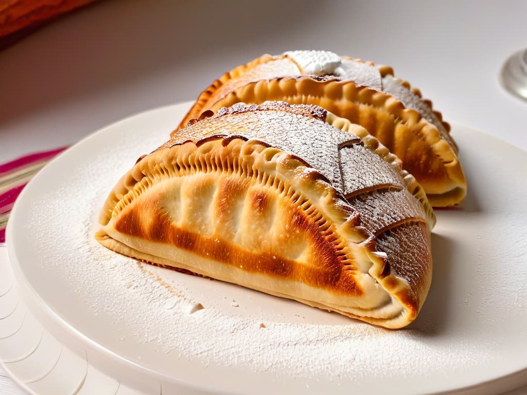  An ultradetailed closeup image of a delicate hand expertly crimping the edges of a beautifully decorated sweet empanada, showcasing intricate patterns and perfectly fluted edges with a dusting of powdered sugar on top. hyperrealistic, full body, detailed clothing, highly detailed, cinematic lighting, stunningly beautiful, intricate, sharp focus, f/1. 8, 85mm, (centered image composition), (professionally color graded), ((bright soft diffused light)), volumetric fog, trending on instagram, trending on tumblr, HDR 4K, 8K