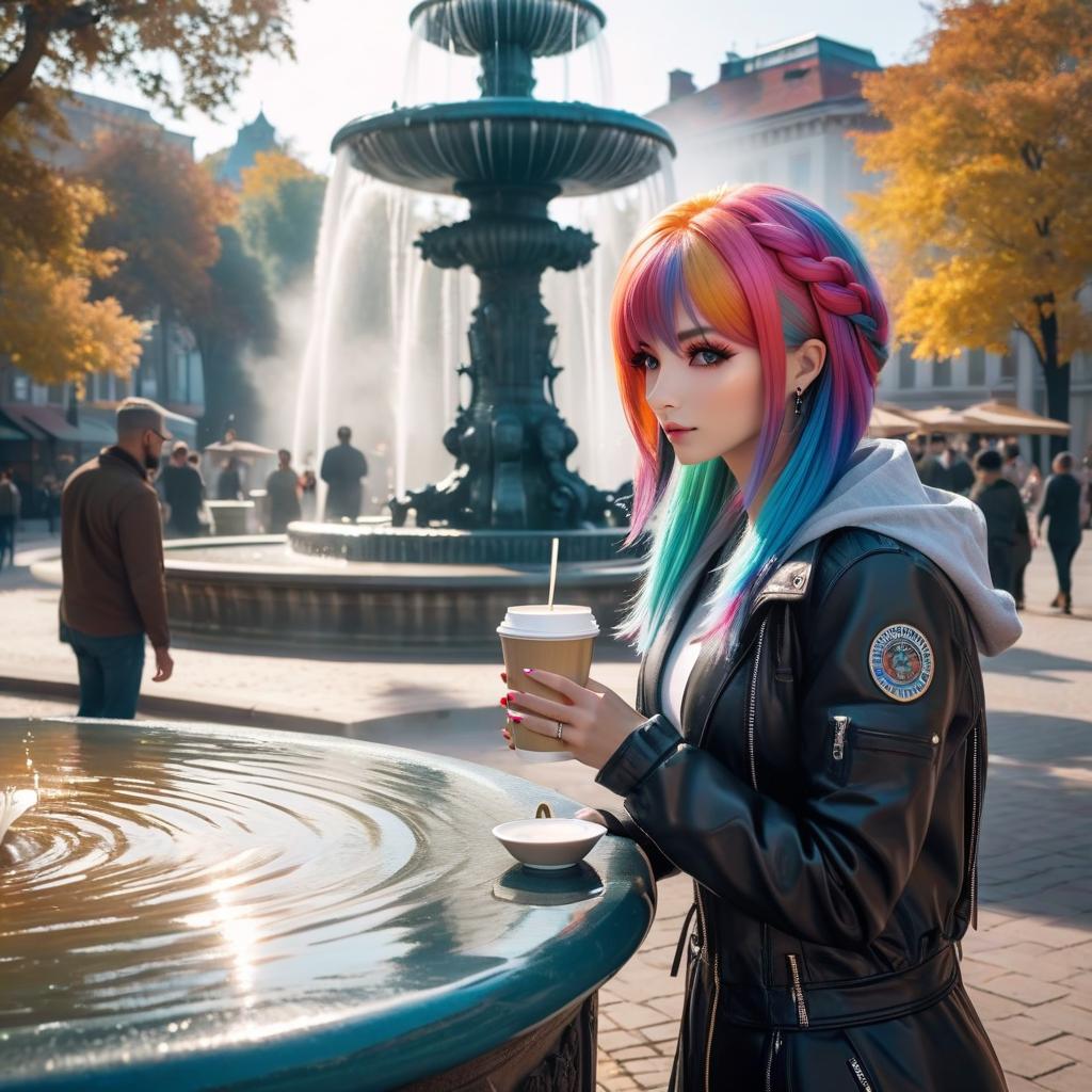  A girl with colorful hair drinks coffee by a fountain. hyperrealistic, full body, detailed clothing, highly detailed, cinematic lighting, stunningly beautiful, intricate, sharp focus, f/1. 8, 85mm, (centered image composition), (professionally color graded), ((bright soft diffused light)), volumetric fog, trending on instagram, trending on tumblr, HDR 4K, 8K