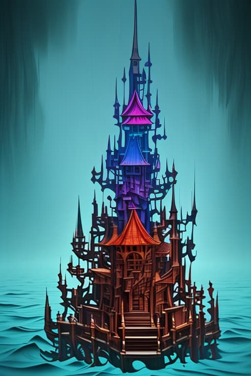  Single flooded simple fantasy wooden tower, very coherent and colorful high contrast!! masterpiece