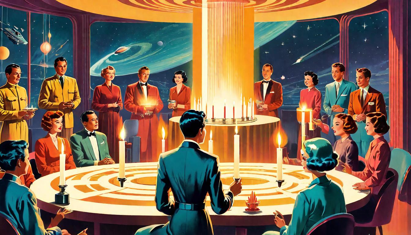  retro futuristic A circle of people, diverse in appearance, holding candles in a dimly lit room, soft music floating in the background. Space for solace, communal healing, shared light. Embrace of shared presence, warmth in unity, quietude's embrace. lvintage sci fi, 50s and 60s style, atomic age, vibrant, highly detailed