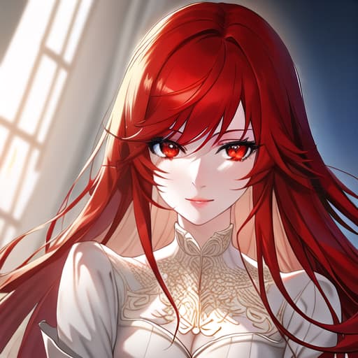  a girl manhua character with red hair and white eyes with white skin wearing noble dress hyperrealistic, full body, detailed clothing, highly detailed, cinematic lighting, stunningly beautiful, intricate, sharp focus, f/1. 8, 85mm, (centered image composition), (professionally color graded), ((bright soft diffused light)), volumetric fog, trending on instagram, trending on tumblr, HDR 4K, 8K