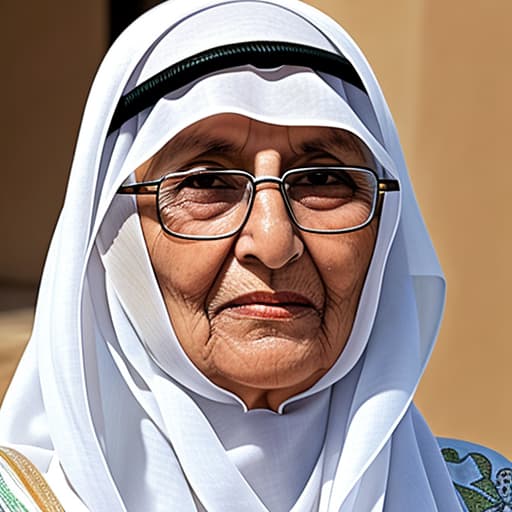  Generate an image of an Arabian grandmother from Jeddah, Saudi Arabia, wearing a white or off-white Hijab and glasses. The photo should capture her from the front, highlighting her traditional attire and reflecting the cultural essence of the Hijaz region.