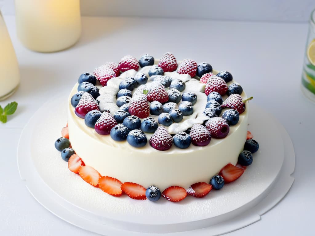  A closeup, ultradetailed image of a perfectly sliced piece of Tarta de Queso y Yogur Griego con Frutas del Bosque, showcasing layers of creamy cheesecake and vibrant mixed berries on a sleek, modern plate with a hint of mint garnish. The focus is on the textures of the dessert, highlighting the smoothness of the cheesecake, the freshness of the berries, and the elegant presentation, all against a clean, minimalistic backdrop to evoke a sense of sophistication and indulgence. hyperrealistic, full body, detailed clothing, highly detailed, cinematic lighting, stunningly beautiful, intricate, sharp focus, f/1. 8, 85mm, (centered image composition), (professionally color graded), ((bright soft diffused light)), volumetric fog, trending on instagram, trending on tumblr, HDR 4K, 8K