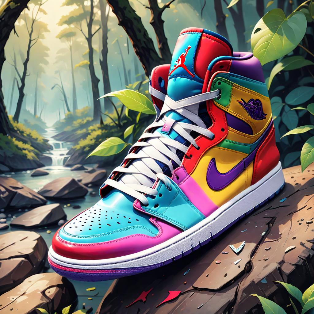  (best quality, masterpiece), (((high detail))), Colorful Jordan Air shoes have a cool backdrop of nature around and on the shoes spill a lot of gouache colors