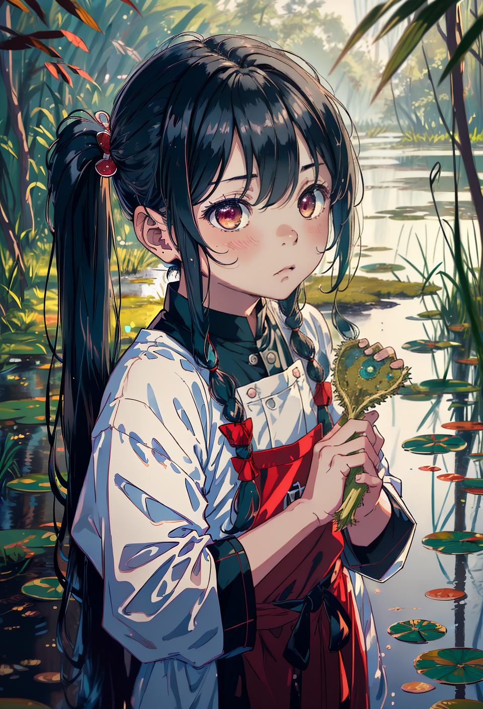  ((trending, highres, masterpiece, cinematic shot)), 1boy, chibi, male cook, swamp marsh scene, long wavy aqua hair, twintails hairstyle, narrow dark eyes, needy personality, bored expression, red skin, magical, clever