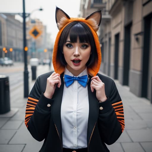  masterpiece, best quality, 1, solo, animal ears, bow, teeth, jacket, tail, open mouth, brown hair, orange background, bowtie, orange nails, simple background, cat ears, orange eyes, blue bow, animal ear fluff, cat tail, looking at viewer, upper body, shirt, uniform, hood, striped bow, striped, white shirt, black jacket, blue bowtie, fingernails, long sleeves, cat , bangs, fangs, collared shirt, striped bowtie, short hair, tongue, hoodie, sharp teeth, facial mark, claw pose hyperrealistic, full body, detailed clothing, highly detailed, cinematic lighting, stunningly beautiful, intricate, sharp focus, f/1. 8, 85mm, (centered image composition), (professionally color graded), ((bright soft diffused light)), volumetric fog, trending on instagram, trending on tumblr, HDR 4K, 8K