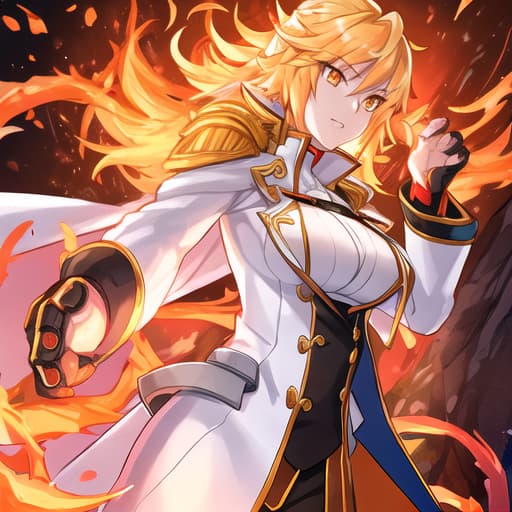  Warrior, Adult Woman, Blonde Fire Hair, Orange Eyes, White long tailcoat accented by Orange, Anime, Fantasy, high quality