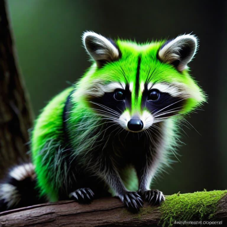  Subject Detail: The image depicts a fascinating hybrid creature, a merging of an alien and a raccoon. The creature is composed of distinct characteristics from both species. It has a sleek, raccoon-like body covered in short fur, but instead of the typical coloration, it boasts a striking fluorescent green hue that stands out in any setting. Perched atop its head are two pointed, twitching ears. The alien raccoon holds a mischievous smirk on its face, a row of sharp, pointed teeth. Its eyes, the focal point of the image, emit an eerie glow in a vibrant shade of yellow.

Medium: Digital art.

Art Style: Surrealist.

Image Type: Illustration.

Resolution and Focus: High resolution, showcasing highly detailed features with a sharp fo