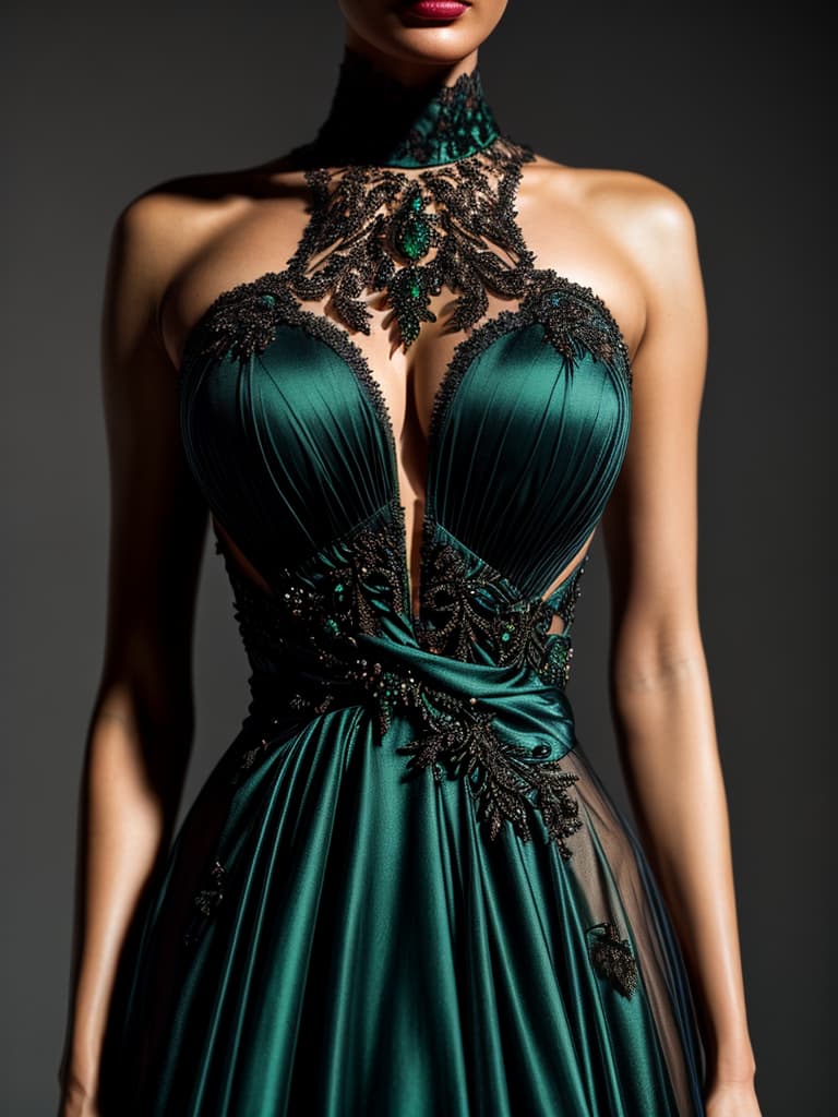  Here is the design of the fashion item: Design an elegant evening gown perfect for a red carpet event, inspired by the glamour of old Hollywood. The dress should be made of luxurious silk with intricate lace details, in a deep, rich color like emerald green. Include elements like a plunging neckline and a flowing train.design following fashion item with the following rules: Create a captivating image that showcases the unique design of AI. The focus should be on the design itself, with a close up view to highlight its intricate details. The background should complement the design, enhancing its features rather than distracting from them. Use high quality models and vibrant colors to bring the design to life. The objective is to create an  hyperrealistic, full body, detailed clothing, highly detailed, cinematic lighting, stunningly beautiful, intricate, sharp focus, f/1. 8, 85mm, (centered image composition), (professionally color graded), ((bright soft diffused light)), volumetric fog, trending on instagram, trending on tumblr, HDR 4K, 8K