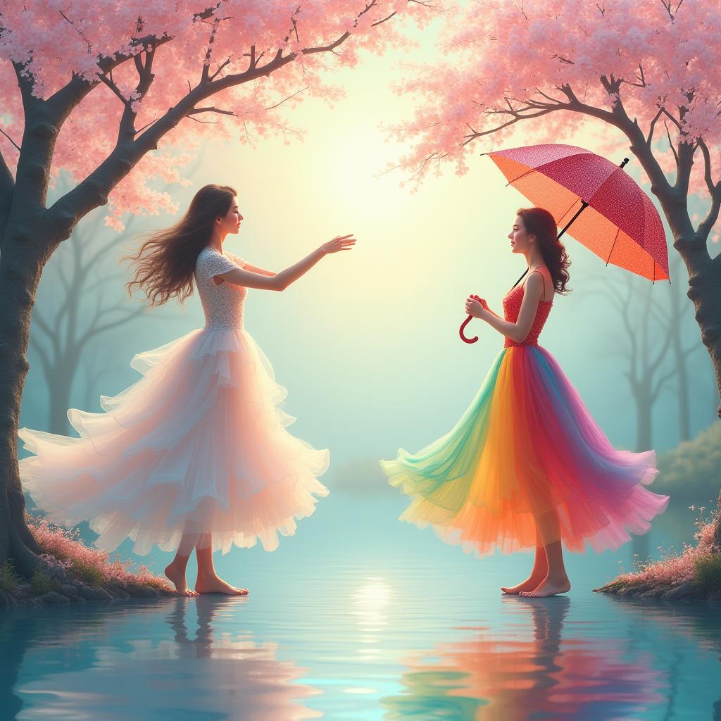  good quality, high quality, craft an enchanting scene where two graceful figures stand in harmony, each embodying different facets of nature’s beauty. one figure, on the left, is adorned in soft pastel hues, her flowing gown reminiscent of delicate petals and ethereal blossoms, much like the figure from the first image. she stands beneath a blooming cherry blossom tree, her arms outstretched as if embracing the soft breeze. her entire form seems to melt into the pastel mosaic of the background, creating a sense of serenity and unity with the natural world around her. on the right, a vibrant counterpart dances barefoot upon a mirrored lake, holding a dazzling umbrella. her dress is a radiant cascade of rainbow colors, flowing like water a