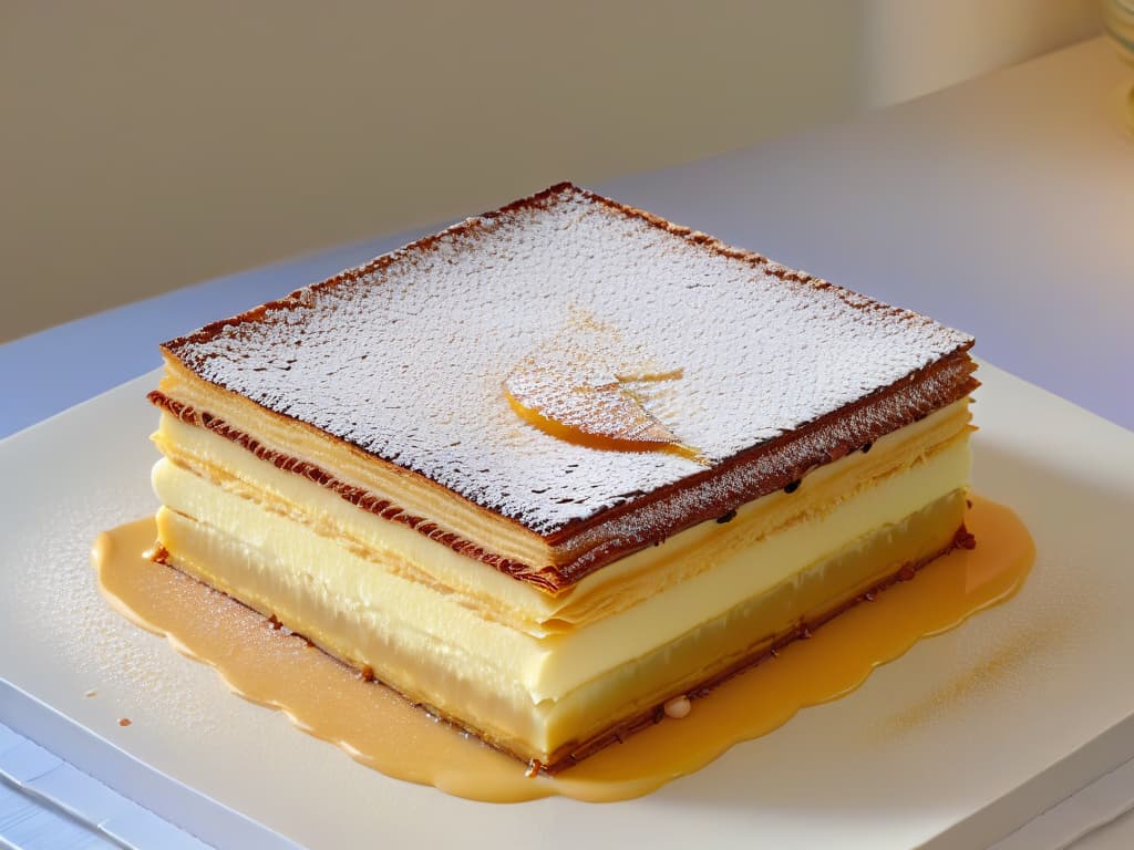  A closeup, ultradetailed image of a perfectly layered and glazed millefeuille dessert. Each delicate layer of flaky pastry, smooth vanilla custard, and glossy caramelized sugar is visible, showcasing the precision and artistry involved in creating this exquisite French pastry. The subtle caramelization on top reflects the light, creating a mesmerizing play of shadows and highlights that emphasize the luxurious texture and flavors of the dessert. hyperrealistic, full body, detailed clothing, highly detailed, cinematic lighting, stunningly beautiful, intricate, sharp focus, f/1. 8, 85mm, (centered image composition), (professionally color graded), ((bright soft diffused light)), volumetric fog, trending on instagram, trending on tumblr, HDR 4K, 8K