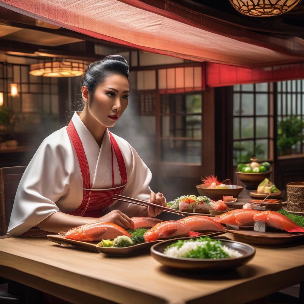  cinematic film still Japanese cuisine, rolls on a plate, sliced fish, beautifully served table, realism, high detail. . shallow depth of field, vignette, highly detailed, high budget, bokeh, cinemascope, moody, epic, gorgeous, film grain, grainy hyperrealistic, full body, detailed clothing, highly detailed, cinematic lighting, stunningly beautiful, intricate, sharp focus, f/1. 8, 85mm, (centered image composition), (professionally color graded), ((bright soft diffused light)), volumetric fog, trending on instagram, trending on tumblr, HDR 4K, 8K