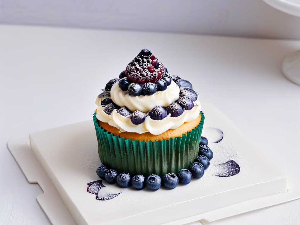  A closeup, ultradetailed image of a perfectly glazed sugarfree cupcake topped with fresh berries, sitting on a sleek, modern white plate. The cupcake features intricate swirls of frosting made with xilitol, glistening under soft, natural lighting that highlights every tiny detail, from the delicate texture of the cake to the vibrant colors of the berries. The background is a subtle gradient that enhances the minimalistic feel, focusing all attention on the exquisite dessert. hyperrealistic, full body, detailed clothing, highly detailed, cinematic lighting, stunningly beautiful, intricate, sharp focus, f/1. 8, 85mm, (centered image composition), (professionally color graded), ((bright soft diffused light)), volumetric fog, trending on instagram, trending on tumblr, HDR 4K, 8K