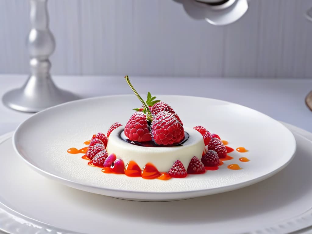  A closeup, ultradetailed image of a hand delicately placing a perfectly spherical, vibrant red raspberry caviar on a pristine white dessert plate surrounded by elegant silverware and a subtle drizzle of cream. The lighting is soft, highlighting the glossy texture of the caviar and creating a visually striking contrast between the bright red spheres and the clean, minimalist backdrop. hyperrealistic, full body, detailed clothing, highly detailed, cinematic lighting, stunningly beautiful, intricate, sharp focus, f/1. 8, 85mm, (centered image composition), (professionally color graded), ((bright soft diffused light)), volumetric fog, trending on instagram, trending on tumblr, HDR 4K, 8K