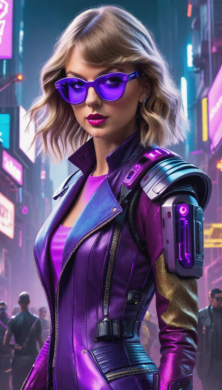  Cyberpunk style depiction of Taylor Swift in purple glasses . The scene is set in a world where technology has advanced, but society and human conditions have not, creating a gritty, dystopian atmosphere. hyperrealistic, full body, detailed clothing, highly detailed, cinematic lighting, stunningly beautiful, intricate, sharp focus, f/1. 8, 85mm, (centered image composition), (professionally color graded), ((bright soft diffused light)), volumetric fog, trending on instagram, trending on tumblr, HDR 4K, 8K