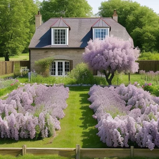  A farmhouse with a lilac growing over it and a cherry orchard and a raised vegetable garden bed