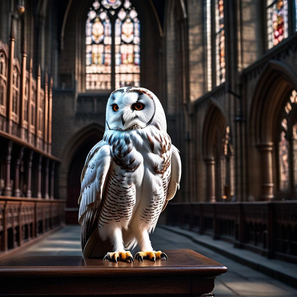  cinematic film still White owl at Hogwarts. . shallow depth of field, vignette, highly detailed, high budget, bokeh, cinemascope, moody, epic, gorgeous, film grain, grainy hyperrealistic, full body, detailed clothing, highly detailed, cinematic lighting, stunningly beautiful, intricate, sharp focus, f/1. 8, 85mm, (centered image composition), (professionally color graded), ((bright soft diffused light)), volumetric fog, trending on instagram, trending on tumblr, HDR 4K, 8K