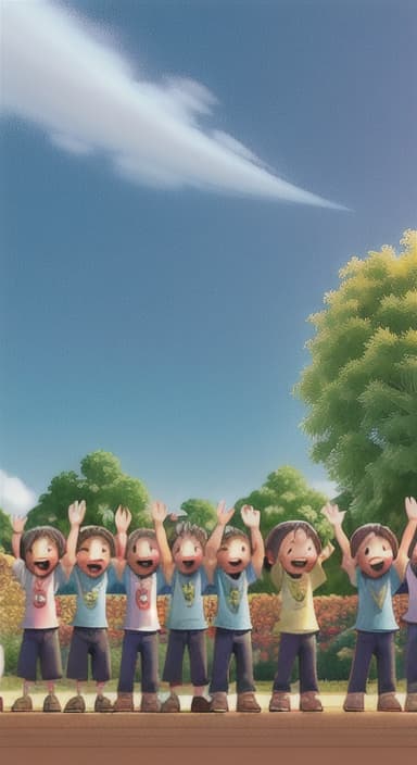  {A heartwarming scene of all the children waving goodbye with happy expressions., Children waving with wide smiles, looking grateful and content.