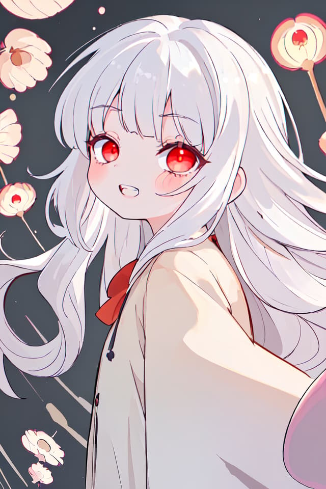  ultra detailed:1.2masterpiece:1.2,best quality,masterpiece,bestquality,hdr:1.1,8k:1.1,very cute girl:1.3,white hair:1.3,very long hair,volume hair:0.7,flare hair:1.2,curly hair:1.4,red eyes,bad mood:1.3,sleepy eyes:1.2,dot open mouth:1.3,upper body:1.3,dutch angle,half closed eyes:1.8,sulking:1.6,bored:1.3,upper body:1.1,from side,from above ,grin:0.6,looking viewer