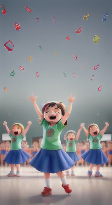  {Children singing and dancing with wide smiles and musical notes floating around them., Kids joyfully dancing and singing, showing their energy and happiness.