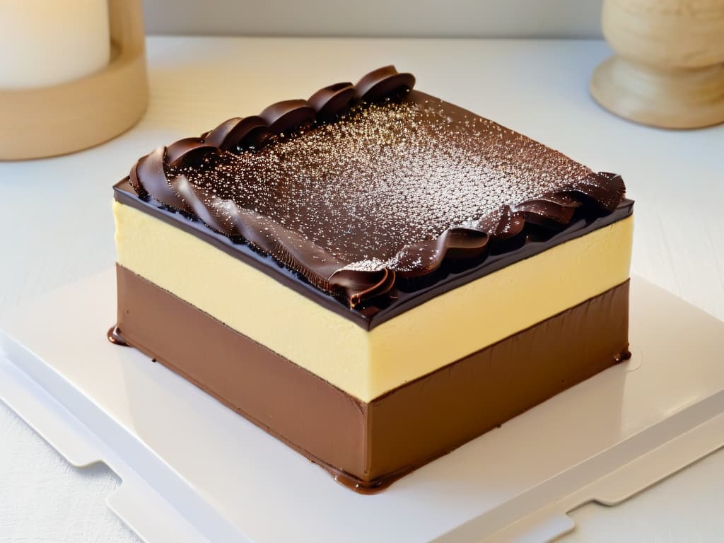  A minimalistic image of a sleek, elegant Opera Cake with alternating layers of coffeesoaked almond sponge cake, chocolate ganache, and coffee buttercream, topped with a smooth chocolate glaze and delicate gold leaf accents. The cake is presented on a simple white plate, showcasing its precise layers and exquisite craftsmanship. hyperrealistic, full body, detailed clothing, highly detailed, cinematic lighting, stunningly beautiful, intricate, sharp focus, f/1. 8, 85mm, (centered image composition), (professionally color graded), ((bright soft diffused light)), volumetric fog, trending on instagram, trending on tumblr, HDR 4K, 8K