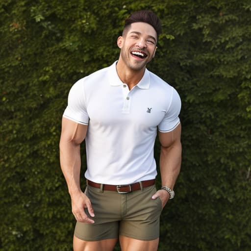 muscle jock in khaki shorts and polo, laughing