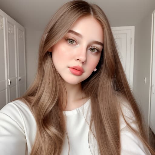  Pretty, gorgeous, white female influencer, young adult, long brown natural hair, plump, big natural lips, oval face, charming and inviting appearance, cute nose