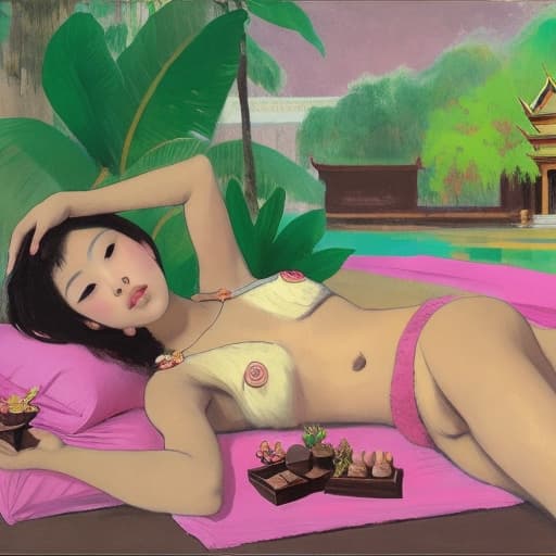  Attractive Beautiful young Thai reclining with moist pink open lips. Forground is plates of fine dark chocolates. Background is a Thai palace. Painting style of Edgar Degas