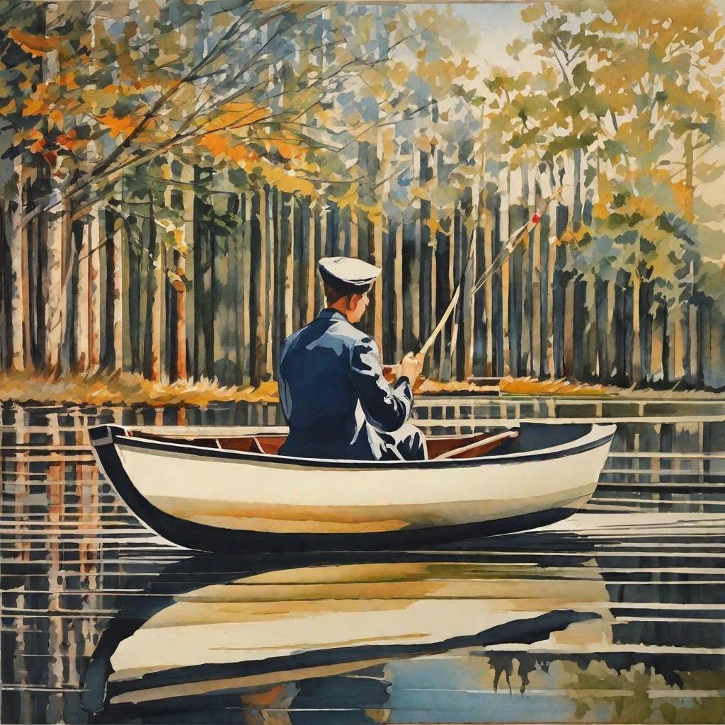  masterpiece, best quality,Draw a young man in a boat