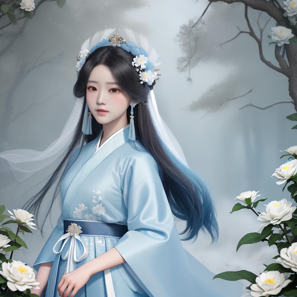  masterpiece, best quality, (Fidelity: 1.4), Best Quality, Masterpiece, Ultra High Resolution, Poster, Fantasy Art, Very Detailed Faces, 8k resolution, Chinese Style, An woman, Side Face, Quiet, Light Blue Hanfu, Tulle Coat, Long Black Hair, Light Blue Fringed Hair Ornament, Hairpin, White Ribbon, White Flower Bush, Light Blue Butterfly Flying, cinematic lighting effects