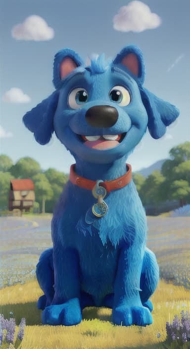  {A happy, big blue dog wagging its tail in a colorful meadow, The big blue dog is large with sky blue fur, big round eyes, a black nose, and floppy ears.