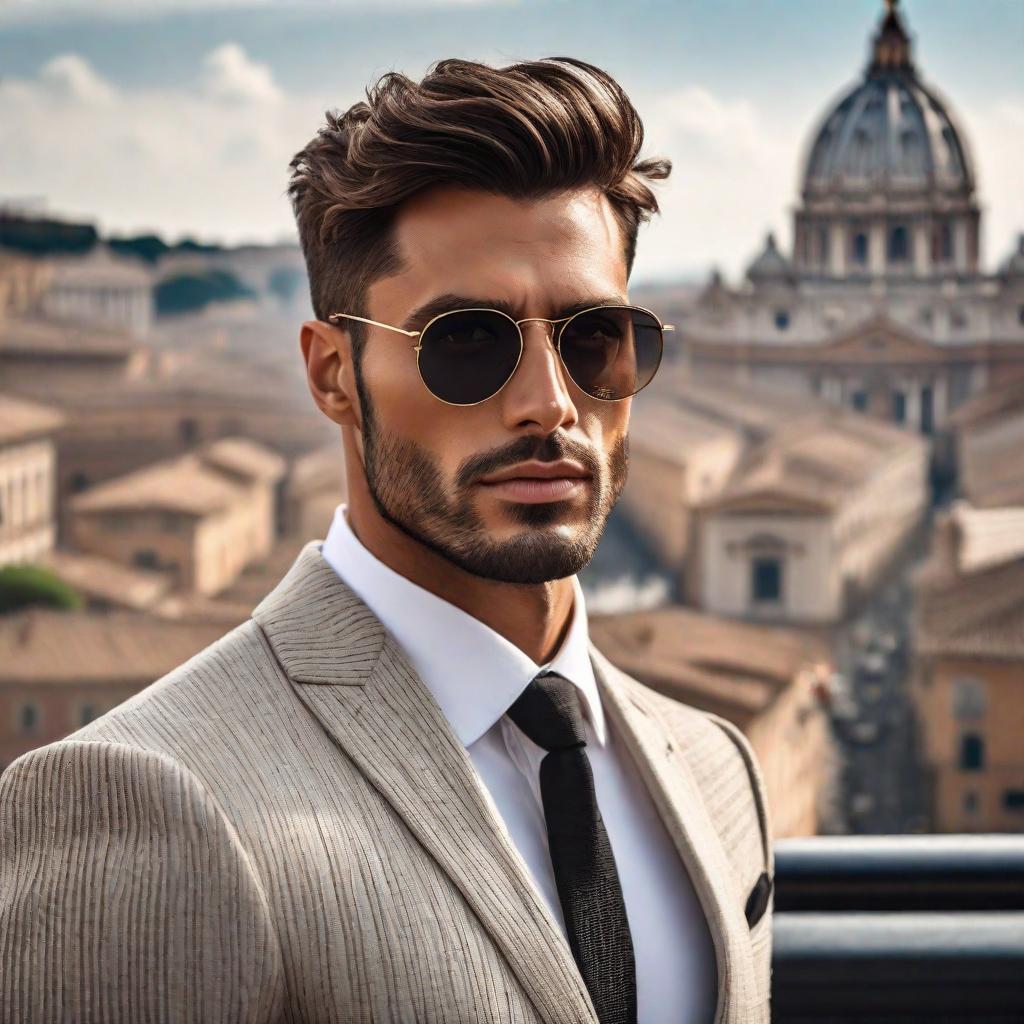  Photo of one young male model in whiteclothes looking to the camera ,, in front of the skyline of rome of rome , sunny day, not painted, very realistic and detailed faces, skin with pores, 4k, dark suit, skin not smoothed, looking into the camera,. hyperrealistic, full body, detailed clothing, highly detailed, cinematic lighting, stunningly beautiful, intricate, sharp focus, f/1. 8, 85mm, (centered image composition), (professionally color graded), ((bright soft diffused light)), volumetric fog, trending on instagram, trending on tumblr, HDR 4K, 8K