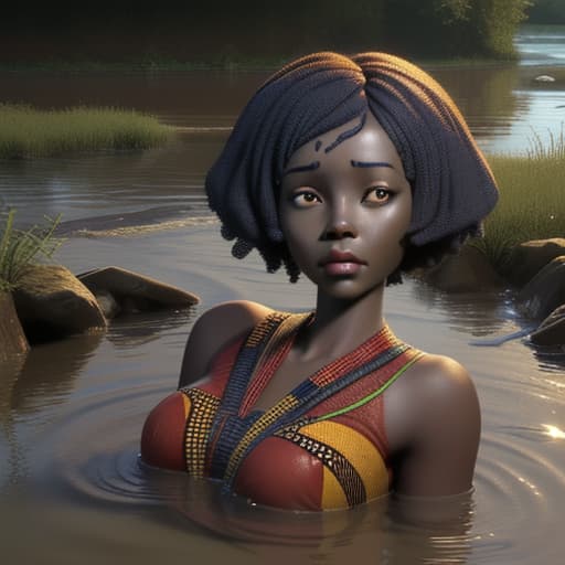  african woman's face with short hair sinking in the river she looks panic