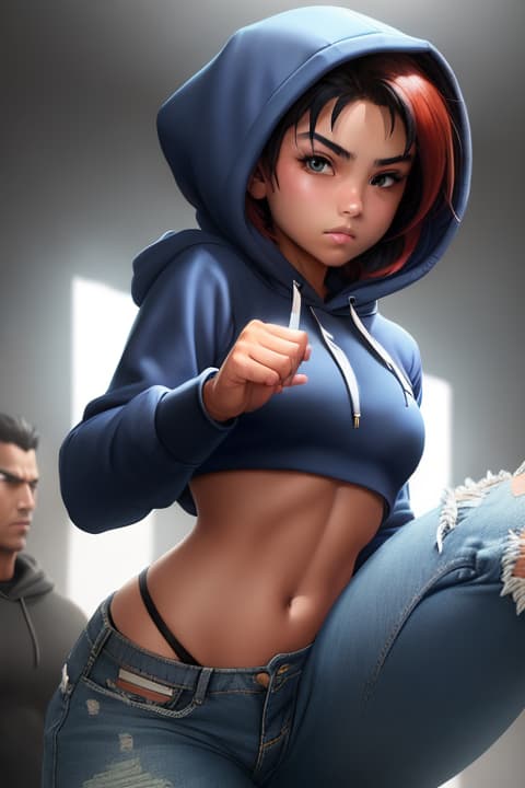  ((extremely beautiful:1.5)), ((12 year old street fighter in a cropped hoodie and ripped jeans:1.3)), ((flat chested:1.3)), ((fighting a man)), 1girl,, detailed eyes, hyperrealistic, full body, highly detailed, cinematic lighting, intricate, sharp focus, f/1. 8, 85mm, (centered image composition), (professionally color graded), ((bright soft diffused light)), volumetric fog, trending on instagram, HDR 4K, 8K