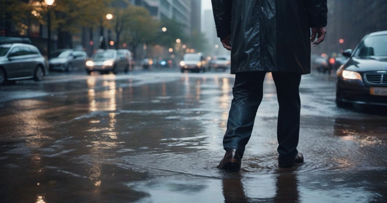  A man is walking through puddles in the city. hyperrealistic, full body, detailed clothing, highly detailed, cinematic lighting, stunningly beautiful, intricate, sharp focus, f/1. 8, 85mm, (centered image composition), (professionally color graded), ((bright soft diffused light)), volumetric fog, trending on instagram, trending on tumblr, HDR 4K, 8K