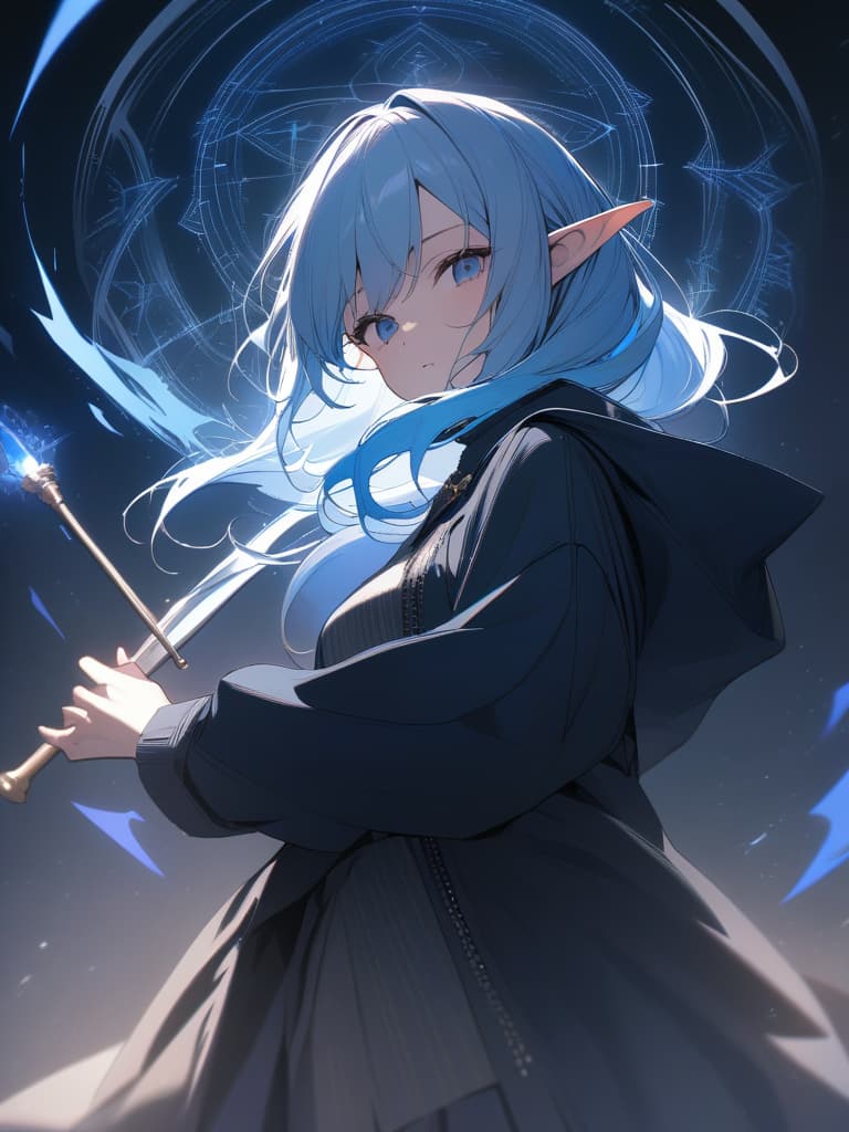  Twin tail,elf ears,wizard,light blue hair,blue eyes,effect,magic wand,blue light,cool,cool,beautiful,beautiful ,muffler,blue muffler、Fluttering in the wind,magic circle,blue pleated ,black coat,beautiful,dynamic、(absurd detailed:1.4、best quality:1.4、masterpiece:1.4)、, masterpiece, best quality,8k,ultra detailed,high resolution,an extremely delicate and beautiful,hyper detail