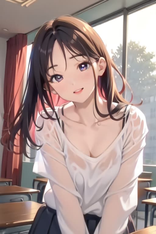  Masterpiece, 1girl, parted lips, blush, makeup, light smile, uniform, classroom, light rays, glow,, collarbone, narrow waist, (masterpiece), wallpaper, sheer shirt, uncensored,bent over table showing round