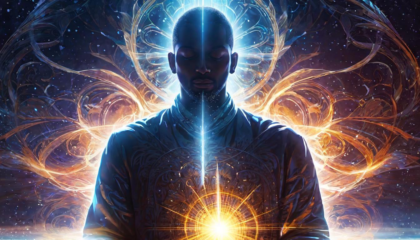  digital illustration, Person meditating with a radiant open mind, light beams flowing through head and body, connection to divine presence above, ethereal light symbolizing divine wisdom, receptivity, clarity, looking at viewer, dynamic pose, (intricate details, masterpiece, best quality)