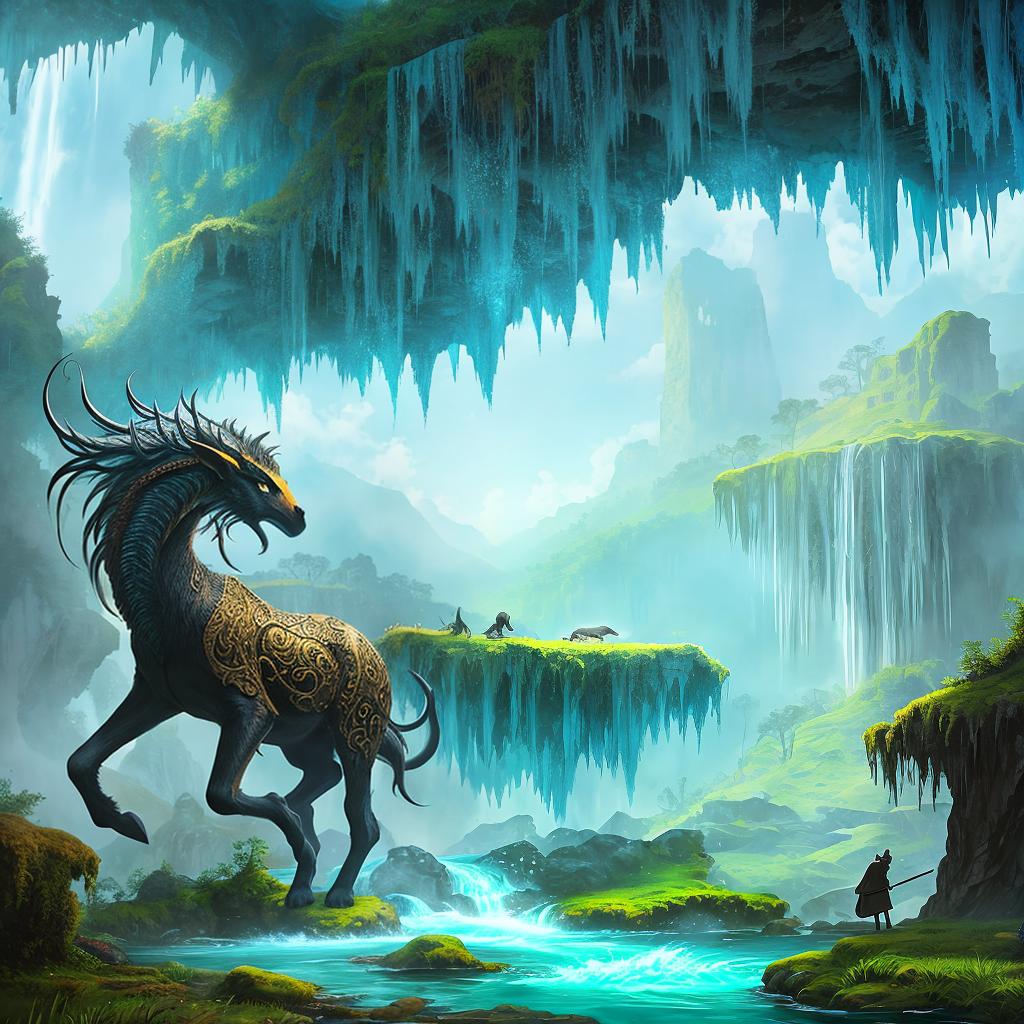  in a fantasy setting, Paint a surreal landscape where mythical beasts roam amidst cascading waterfalls.