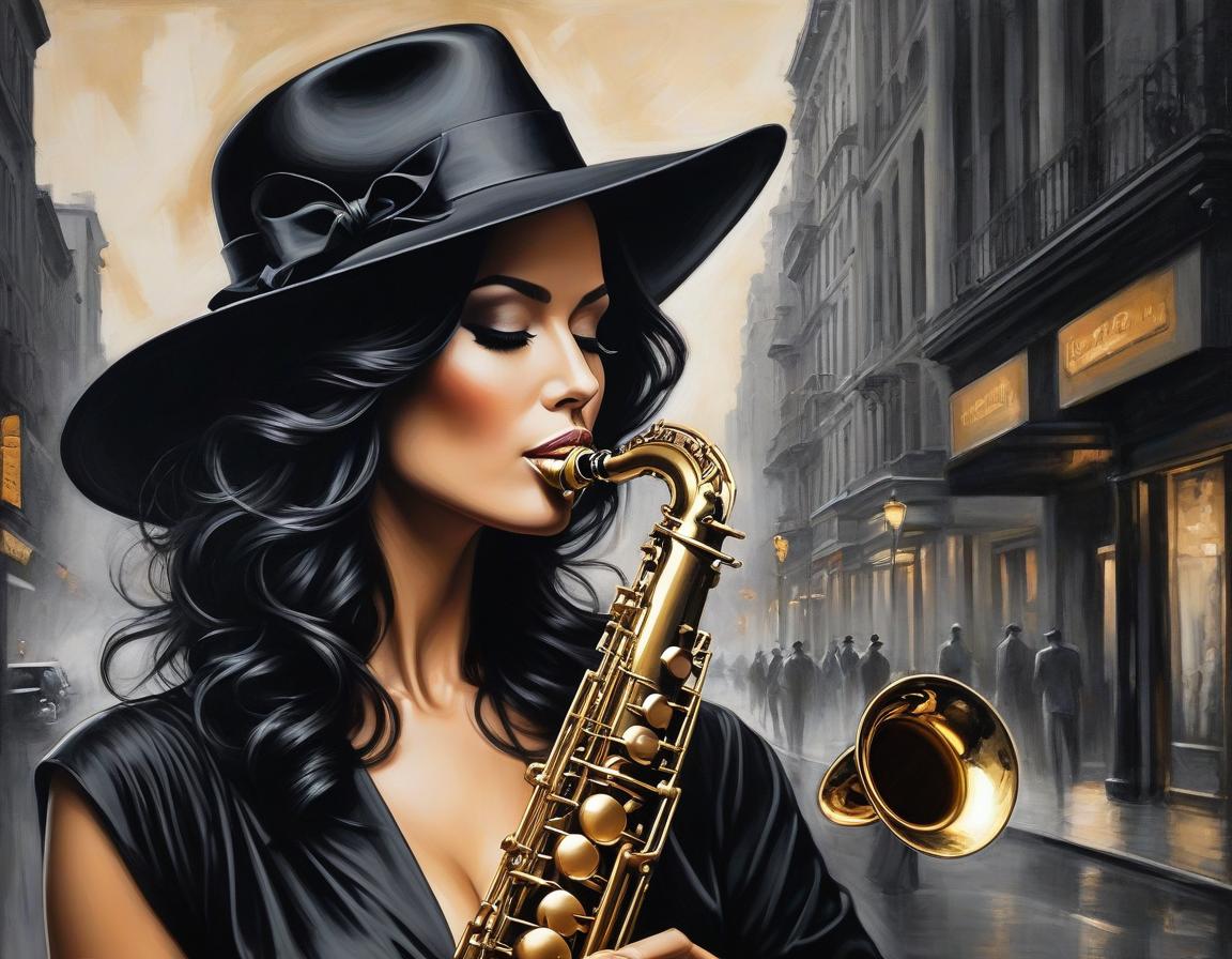  concept art An exquisite depiction of woman in a black hat playing the saxophone, with Louis Jover and Drew Darcy inspired style. The artwork is highly detailed, elegant, and intricate, featuring dynamic lighting and imperial colors. It is a stunning piece with a surreal and ultra realistic touch, created using oil on canvas with a focus on sharp details . digital artwork, illustrative, painterly, matte painting, highly detailed hyperrealistic, full body, detailed clothing, highly detailed, cinematic lighting, stunningly beautiful, intricate, sharp focus, f/1. 8, 85mm, (centered image composition), (professionally color graded), ((bright soft diffused light)), volumetric fog, trending on instagram, trending on tumblr, HDR 4K, 8K