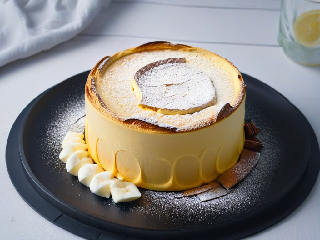  An ultradetailed, 8k resolution image of a single, perfectly risen vegan soufflé, showcasing a goldenbrown crust with delicate cracks revealing a fluffy, airy interior. The soufflé is elegantly presented on a sleek, matte black plate, with a dusting of powdered sugar creating a subtle contrast against the rich texture of the dessert. The lighting is soft and diffused, emphasizing the intricate structure of the soufflé and creating a visually striking yet minimalistic composition that embodies the essence of vegan baking innovation. hyperrealistic, full body, detailed clothing, highly detailed, cinematic lighting, stunningly beautiful, intricate, sharp focus, f/1. 8, 85mm, (centered image composition), (professionally color graded), ((bright soft diffused light)), volumetric fog, trending on instagram, trending on tumblr, HDR 4K, 8K