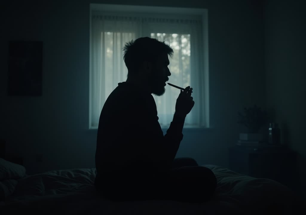  good quality, high quality, afar dark blurry silhouette of a man in his bedroom looking for a way out of his depression and loneliness, smoking a joint