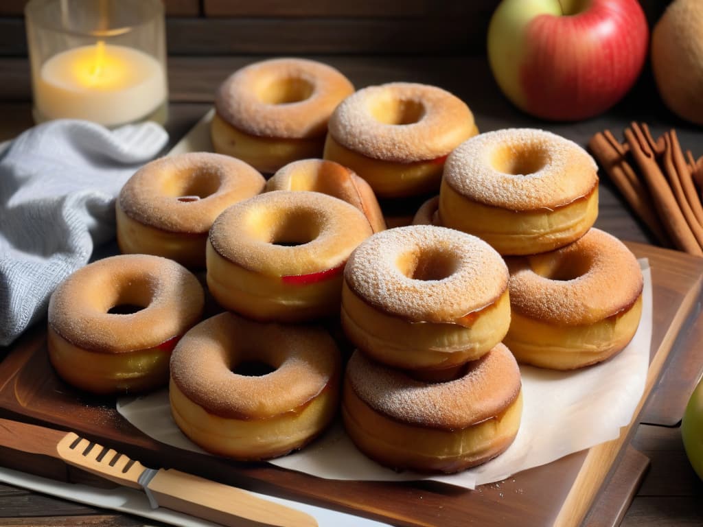  An ultradetailed, photorealistic image of freshly baked apple cider donuts arranged on a rustic wooden table. The donuts are golden brown, coated in cinnamon sugar, with a slight glaze that glistens under warm lighting. Steam rises from the donuts, hinting at their delicious warmth. The table is sprinkled with cinnamon sticks, apple slices, and a small bowl of apple cider, all enhancing the cozy, autumnal vibe of the scene. The background shows a soft blur of a kitchen with hints of traditional baking utensils, adding to the inviting atmosphere. hyperrealistic, full body, detailed clothing, highly detailed, cinematic lighting, stunningly beautiful, intricate, sharp focus, f/1. 8, 85mm, (centered image composition), (professionally color graded), ((bright soft diffused light)), volumetric fog, trending on instagram, trending on tumblr, HDR 4K, 8K